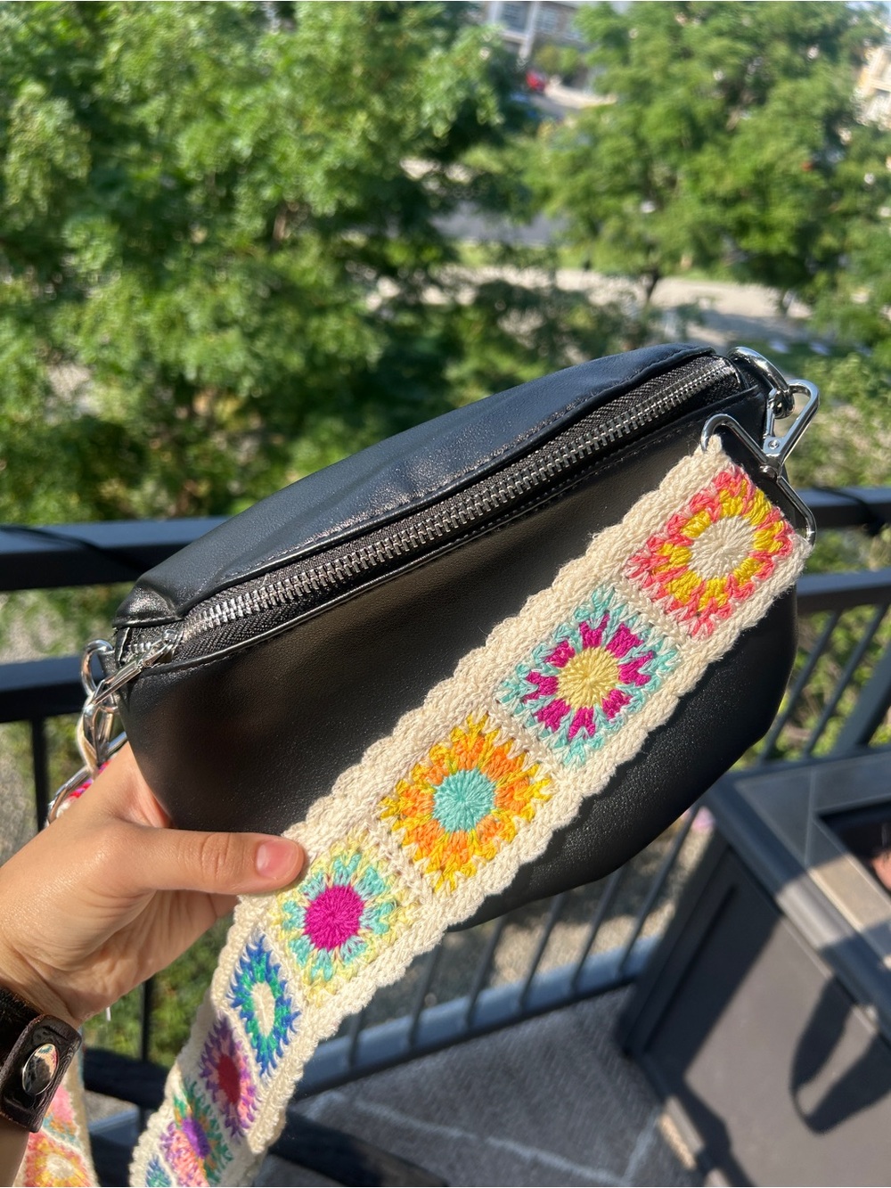 Black Crossbody Bag with Colorful Crochet Strap